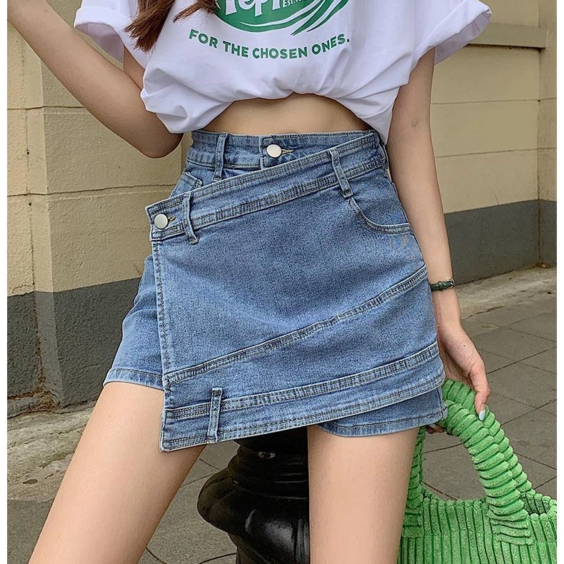 邓大喵 高腰设计感包臀辣妹风不规则拼接显瘦半身裙牛仔短裤 女款