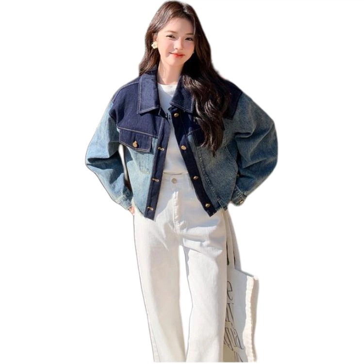 邓大喵 撞色女春秋季设计感小众时尚百搭衣休闲减龄夹克开衫牛仔外套 女款