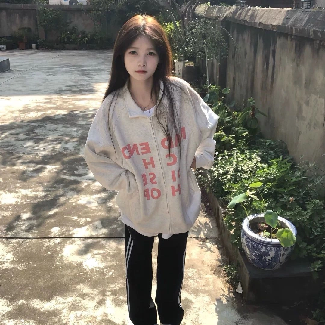 邓大喵 【银狐绒】美式复古字母印花开衫外套女秋冬加绒宽松上衣卫衣 女款