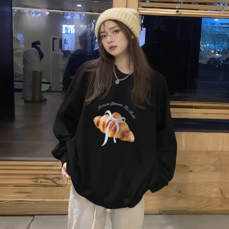 邓大喵 韩系可颂牛角包蝴蝶结纯棉圆领女秋宽松减龄显瘦上衣潮卫衣 女款
