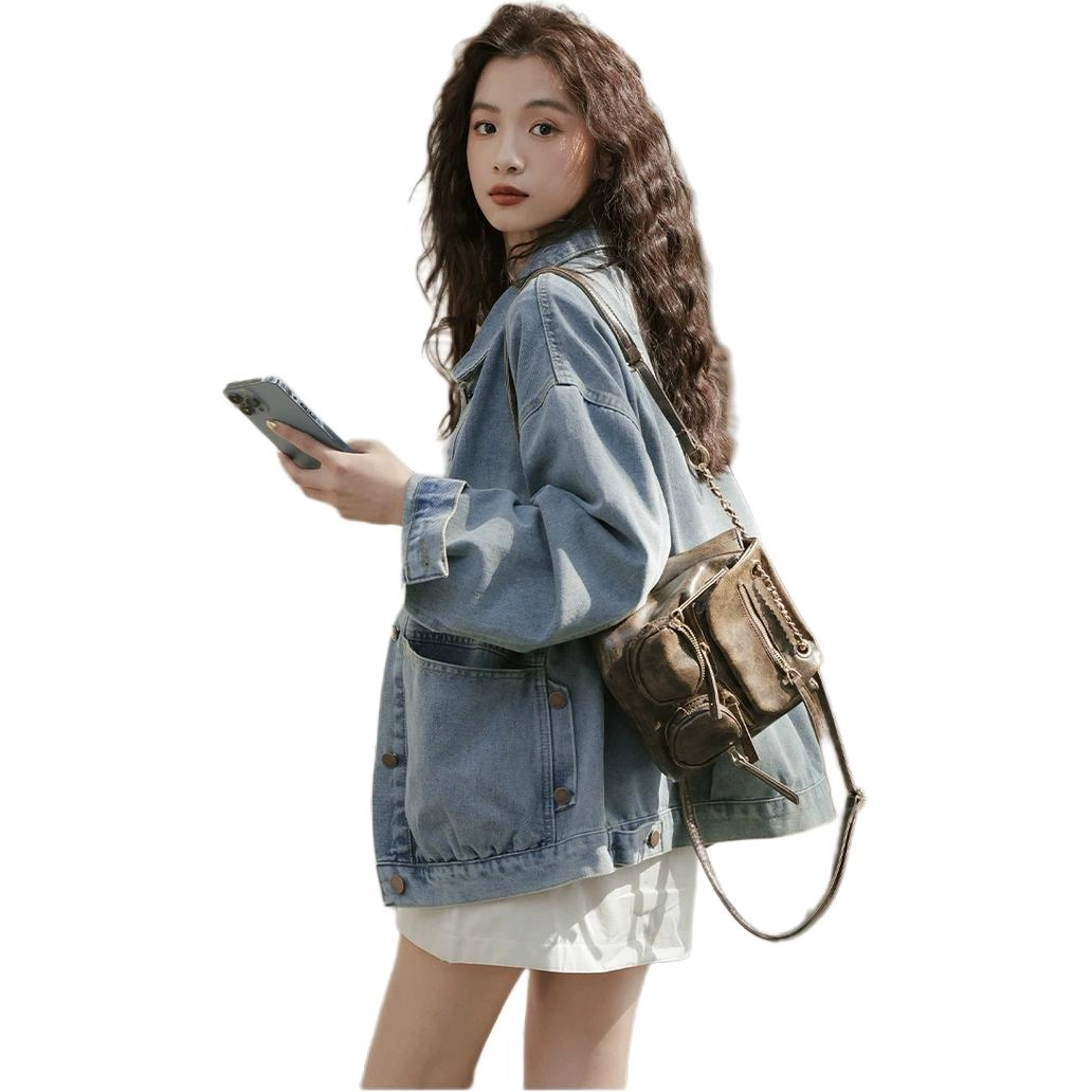 邓大喵 韩版气质宽松休闲女春季设计感洋气减龄夹克上衣牛仔外套 女款