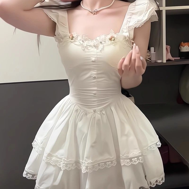 邓大喵 甜美小飞袖花朵公主裙夏季法式初恋收腰蓬蓬裙短袖连衣裙 女款