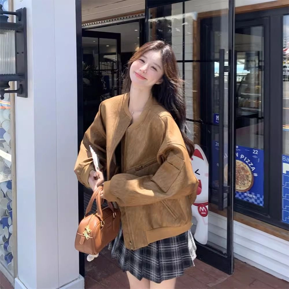 邓大喵 美式复古美拉德麂皮绒外套春秋韩系超好看独特设计夹克上衣棒球服 女款