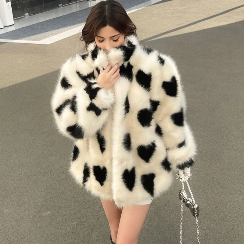 邓大喵 富家千金黑白爱心环保毛毛外套女宽松仿女年轻款加厚大衣皮草 女款