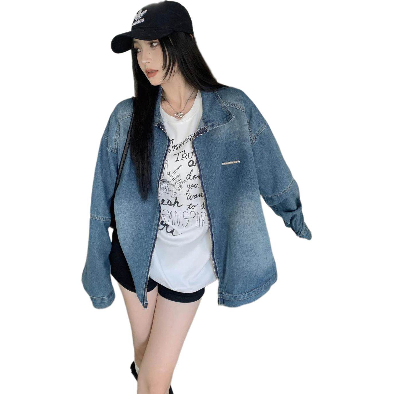 邓大喵 美式复古水洗做旧拉链男女春秋街头宽松休闲小众牛仔外套 女款