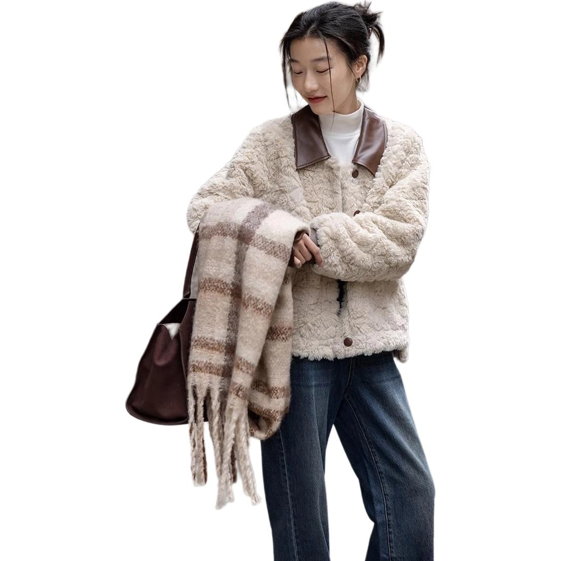 邓大喵 韩版小香风羊羔毛毛毛外套女高级感加厚环保短款上衣皮草 女款