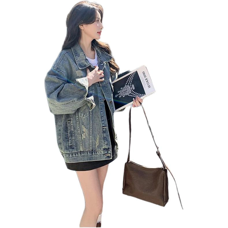 邓大喵 港风复古女春秋做旧小个子休闲时尚减龄韩版上衣牛仔外套 女款