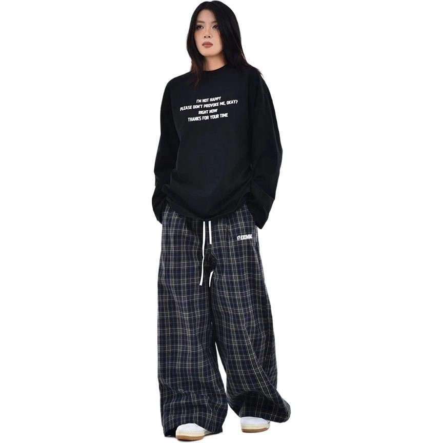 邓大喵 美式复古格子阔腿裤女高腰宽松直筒垂感拖地长裤子休闲裤 女款