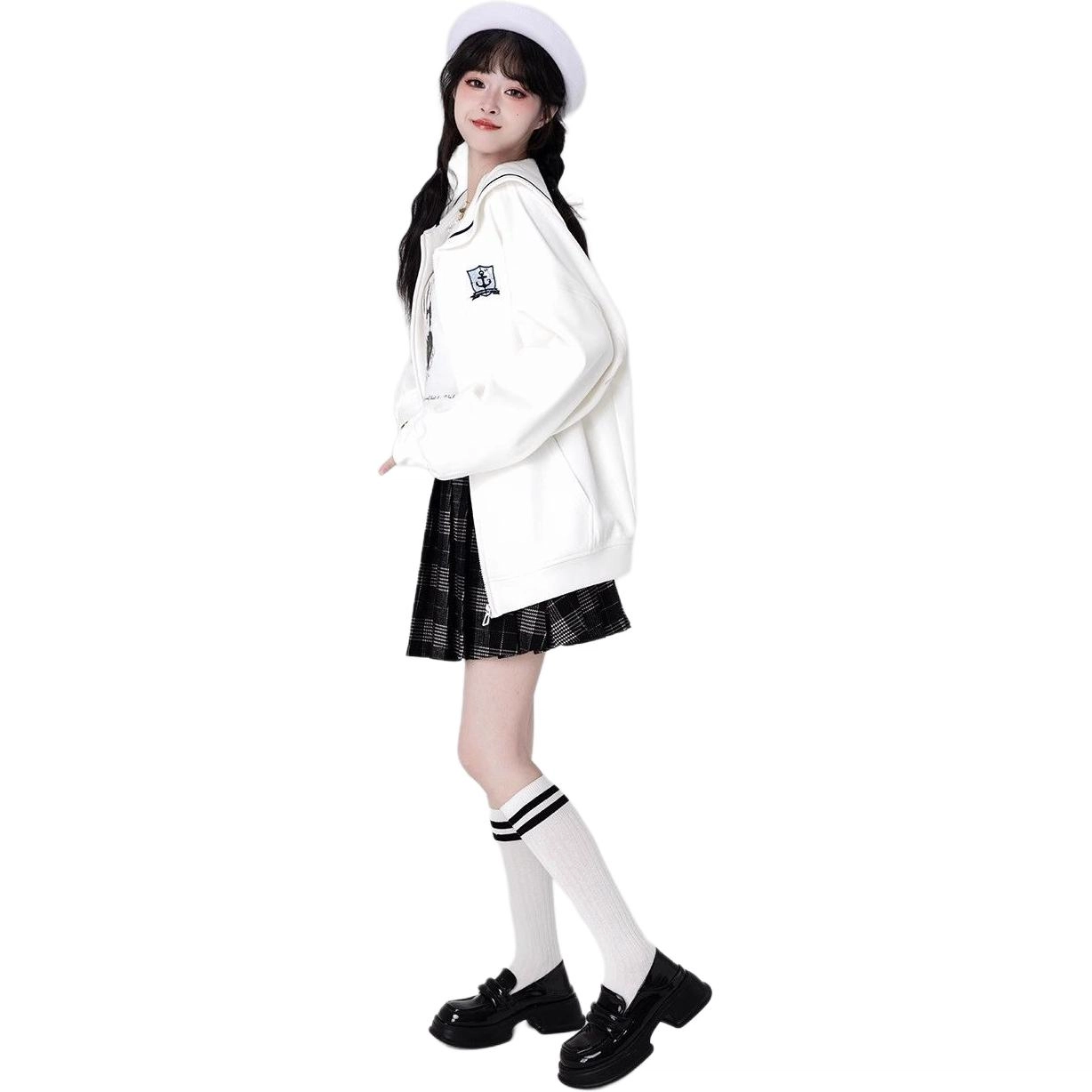 邓大喵 学院风外套女春秋甜美小个子水手领刺绣拉链开衫卫衣 女款