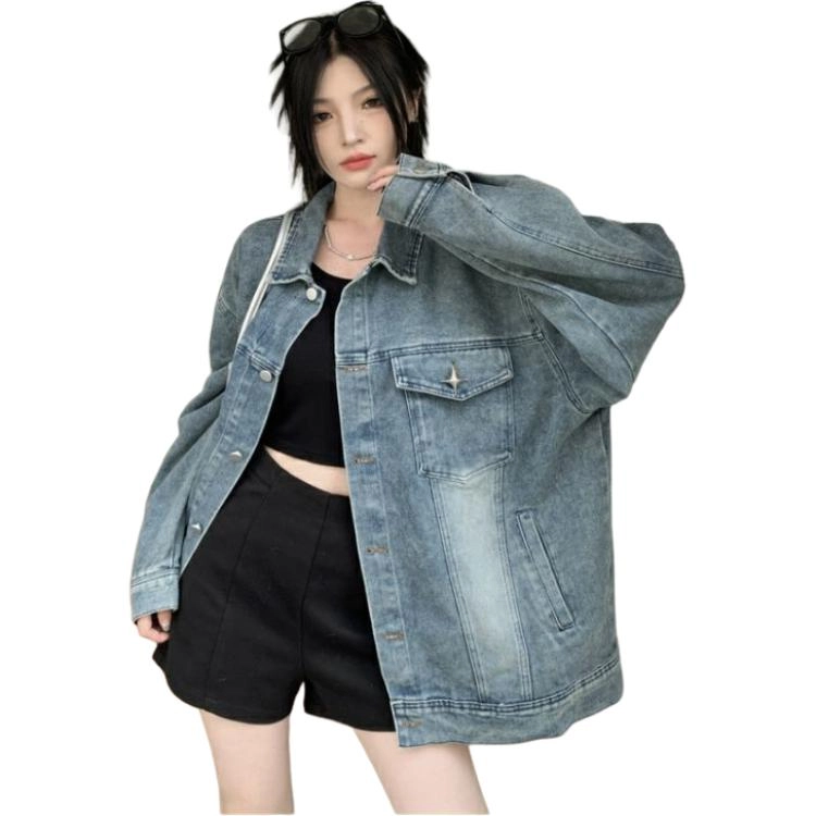 邓大喵 美式水洗复古百搭秋季女高街潮牌宽松情侣夹克牛仔外套 女款