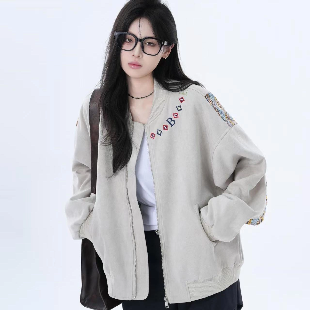 邓大喵 秋季美式民族风织带拼接女设计感小众宽松外套潮夹克 女款