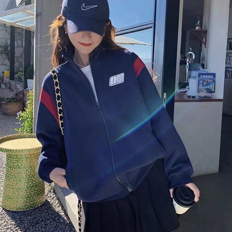 邓大喵 开衫复古春秋外套春季夹克美式立领宽松设计撞色棒球卫衣 女款