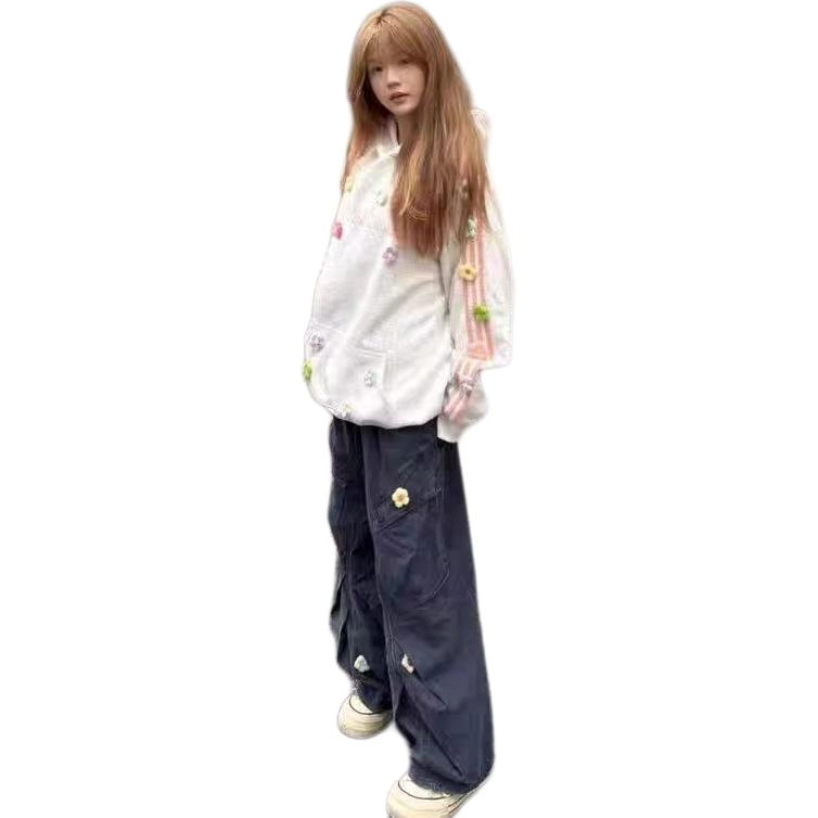 邓大喵 美式复古立体花朵秋冬刺绣春秋宽松设计百搭甜美连帽外套上衣卫衣 女款