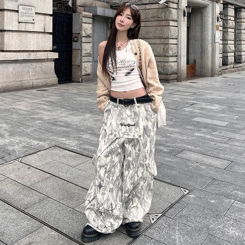 邓大喵 美式复古浅灰色迷彩不规则印花飘带分割设计梭织长裤休闲裤 女款