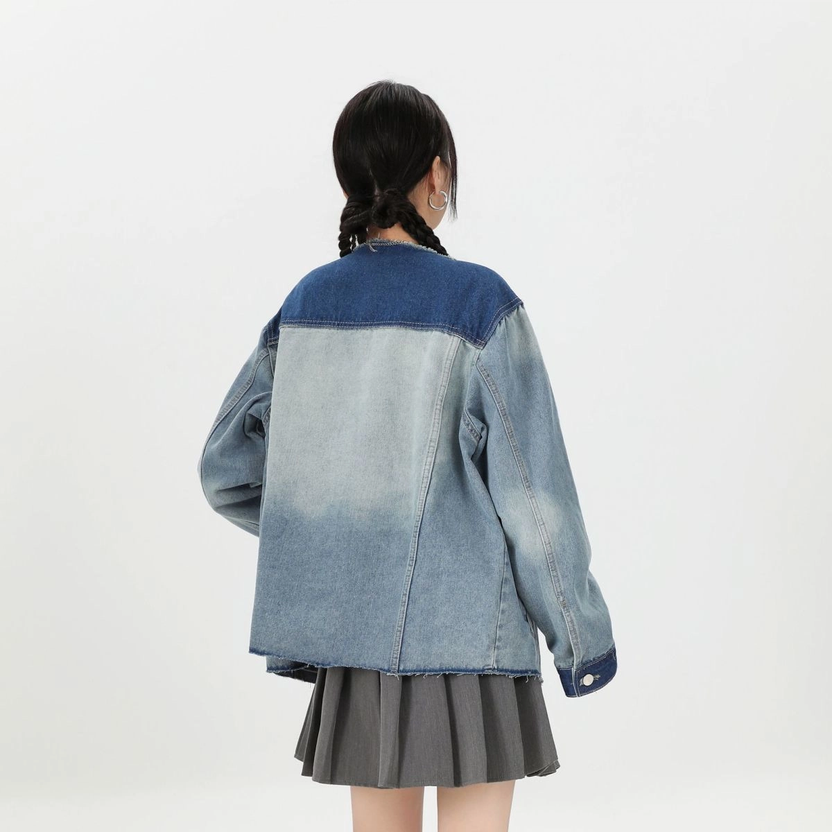 邓大喵 韩系街头个性拼色女秋季设计感小众宽松显瘦夹克上衣牛仔外套 女款