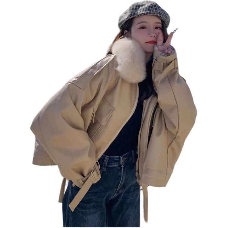 邓大喵 外套女秋冬大码宽松加绒加厚小个子短款棉服皮衣 女款