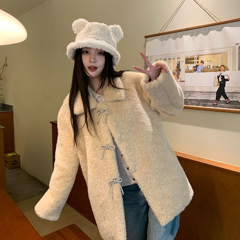 邓大喵 皮毛一体大衣女中长款翻领气质秋冬加厚宽松毛毛外套皮草 女款