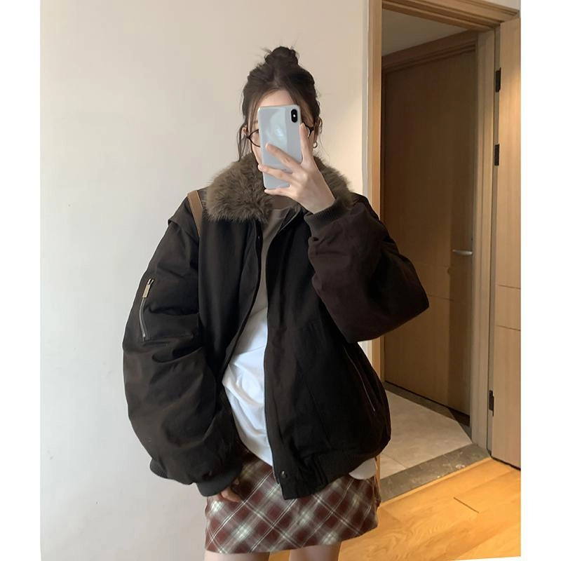 邓大喵 秋冬季美式复古毛领拼接外套女宽松百搭夹克加厚保暖上衣棉服 女款