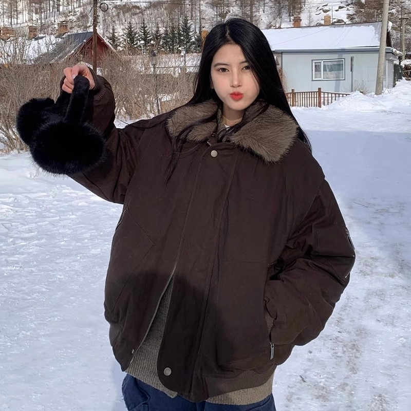 邓大喵 秋冬季美式复古毛领拼接外套女宽松百搭夹克加厚保暖上衣棉服 女款