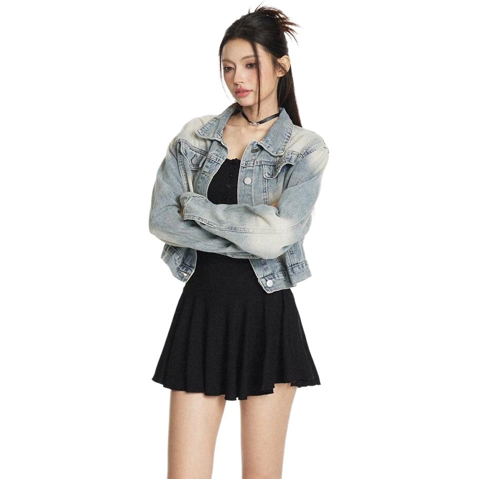 邓大喵 美式复古辣妹水洗做旧短款女秋修身潮流夹克上衣牛仔外套 女款