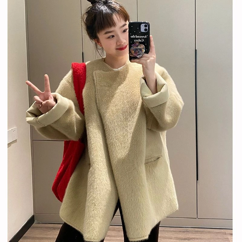 邓大喵 水貂绒休闲宽松简约皮毛一体秋冬仿毛绒外套加厚皮草 女款