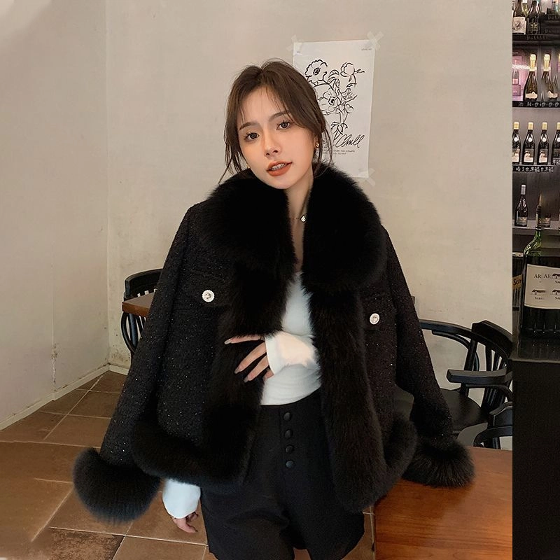 邓大喵 闪烁小香风外套女秋冬季拼接粗花呢环保狐狸毛毛上衣皮草 女款