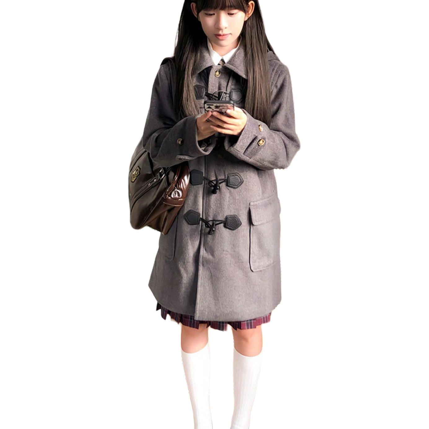 邓大喵 小众不撞款日系连帽牛角扣女学院风加厚长款外套秋冬穿搭大衣 女款