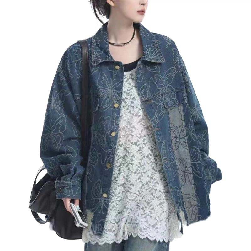 邓大喵 下摆破洞蝴蝶提花女中长款早春秋季毛边流苏刺绣夹克上衣牛仔外套 女款