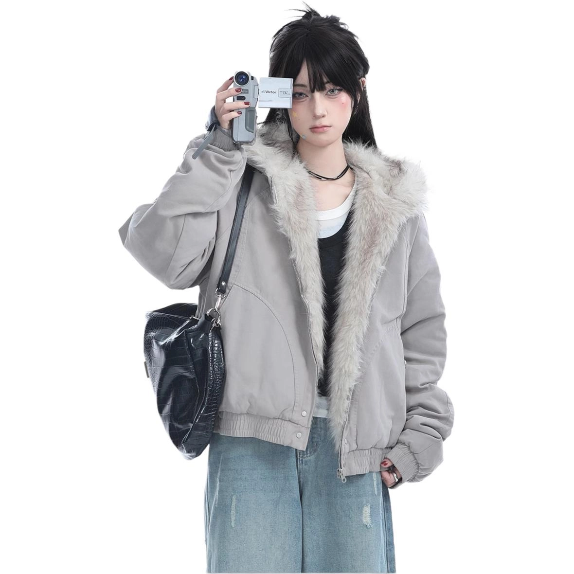 邓大喵 美式复古加棉加厚毛领连帽外套女冬季高级感毛绒棉衣棉服 女款