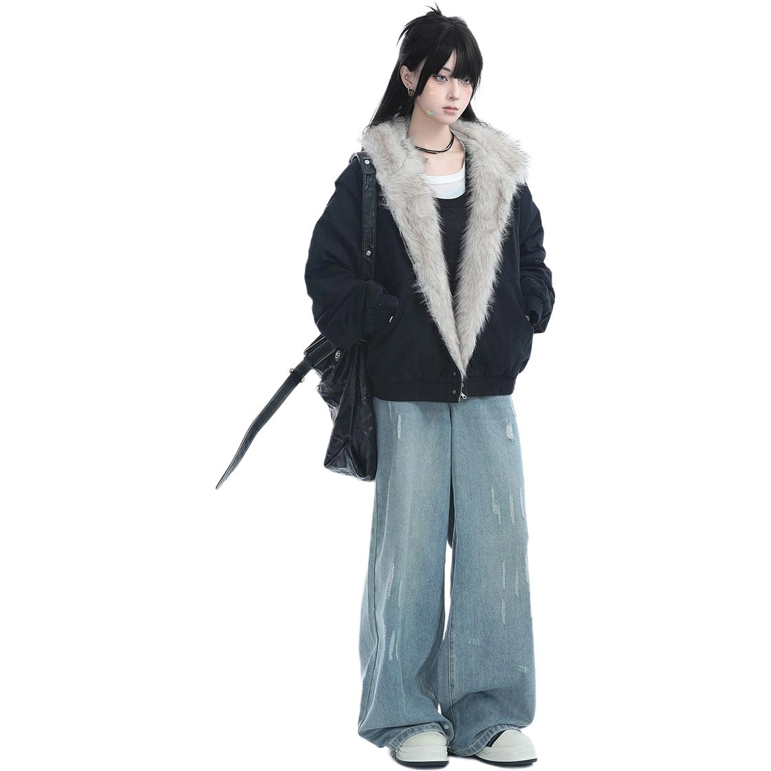 邓大喵 美式复古加棉加厚毛领连帽外套女冬季高级感毛绒棉衣棉服 女款