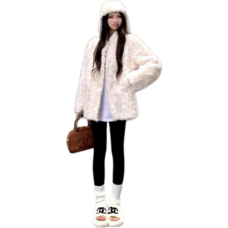 邓大喵 皮毛一体立领环保毛毛外套女冬加厚气质高级感中长款大衣宽松秋冬穿搭皮草 女款