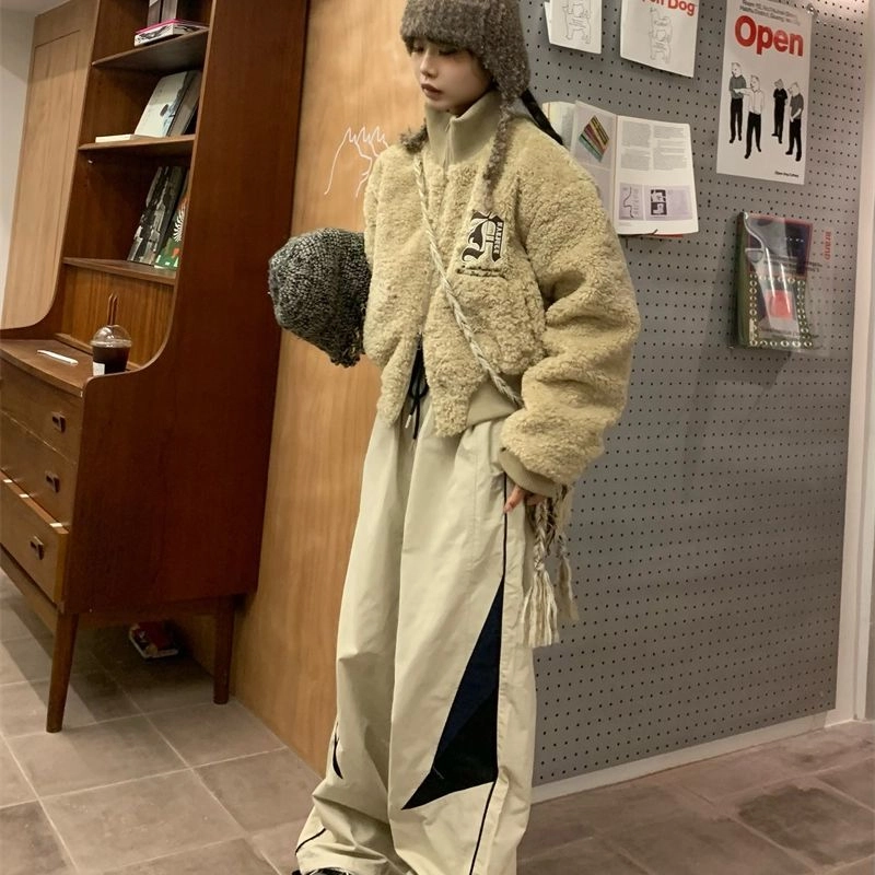 邓大喵 韩系翻领毛毛麂皮绒外套女早春拉链加厚皮毛一体保暖夹克棉服 女款