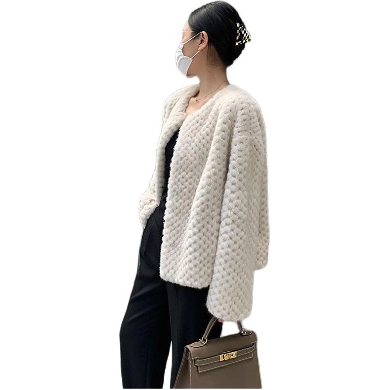 邓大喵 仿獭兔毛外套女冬季百搭圆领短款加厚保暖编织大衣皮草 女款