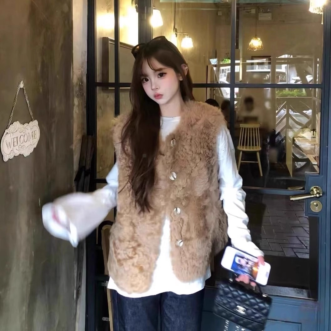邓大喵 “欧尼”羊羔毛外套坎肩皮毛一体秋冬托斯卡纳狐狸毛上衣皮草穿搭马甲 女款