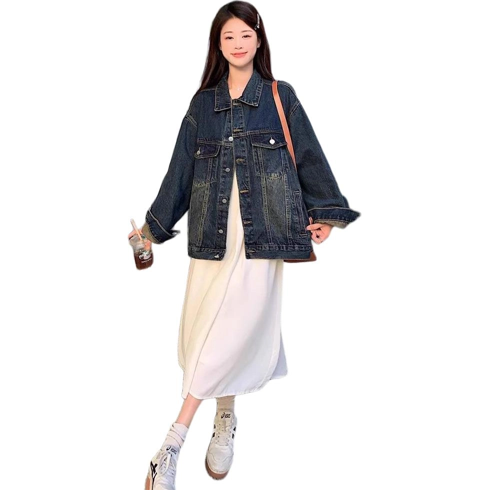 邓大喵 美式水泥灰复古女春秋宽松大码做旧夹克气质长袖上衣牛仔外套 女款
