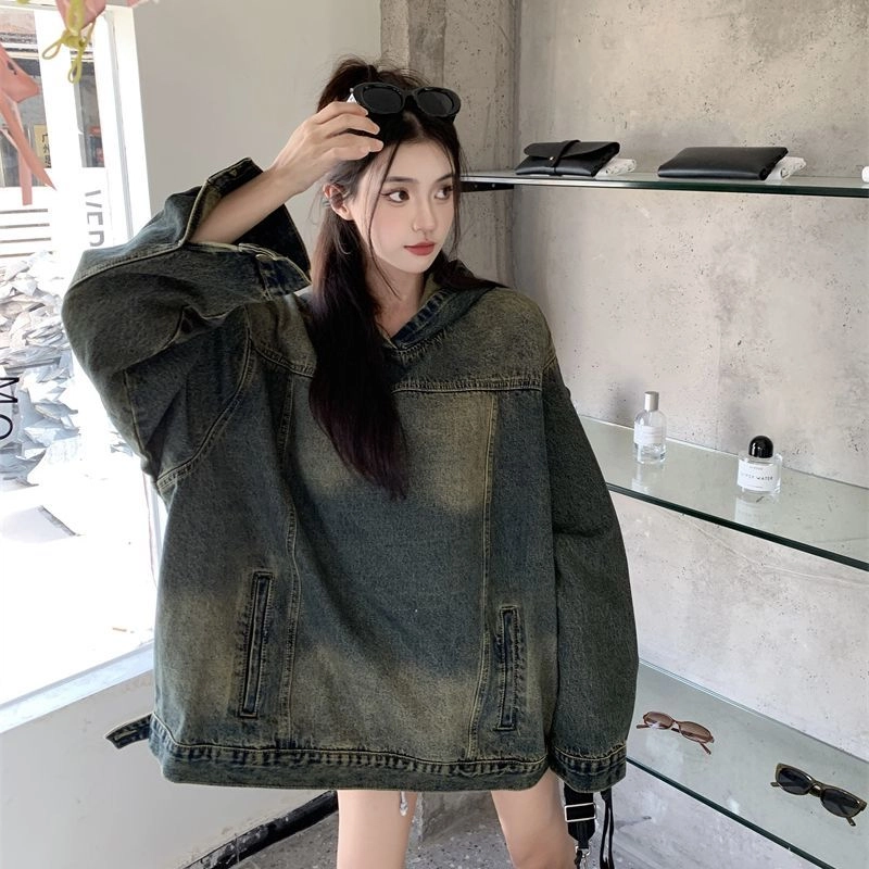 邓大喵 美式做旧连帽女春季设计感复古宽松套头夹克牛仔外套 女款