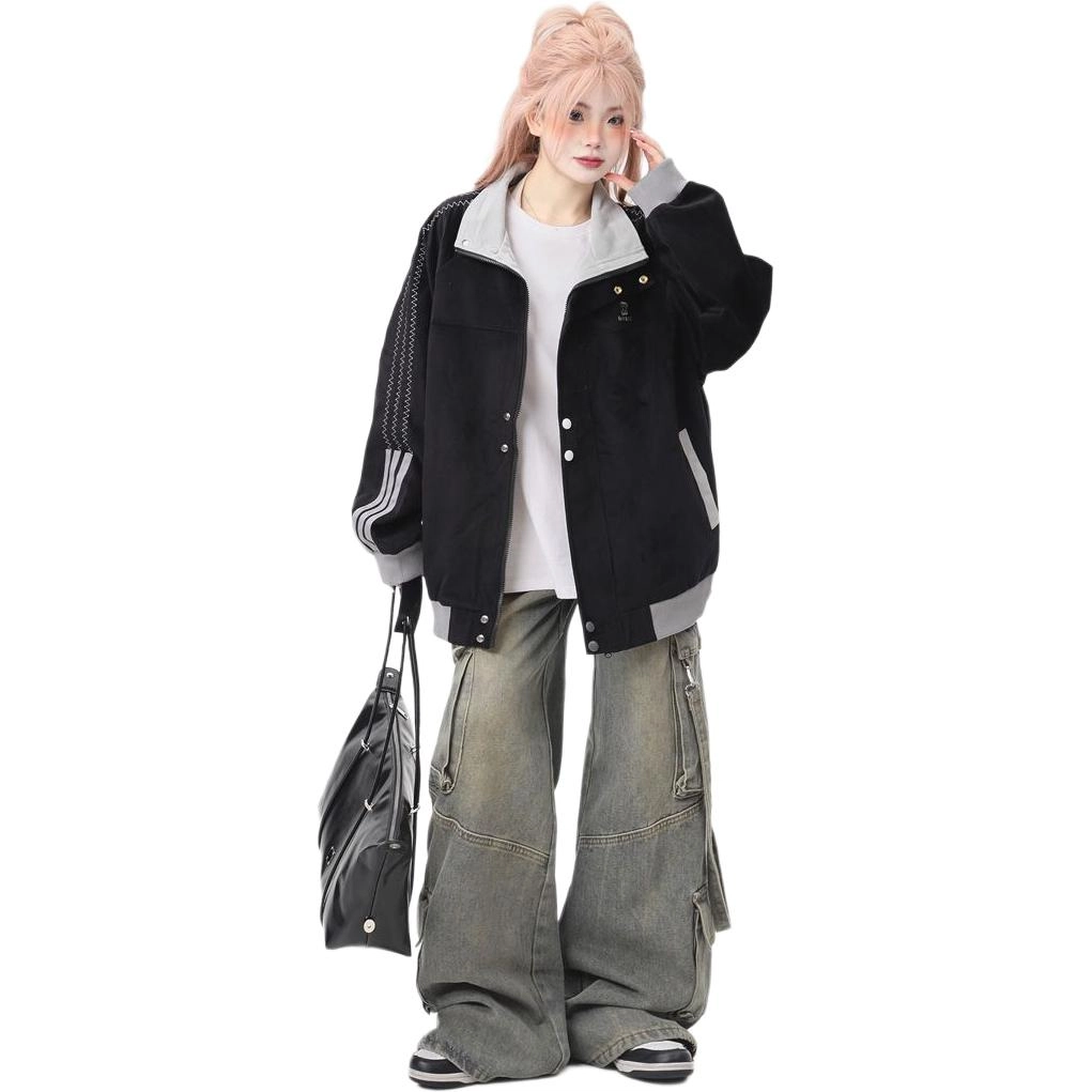 邓大喵 美式复古个性宽松拼服外套男女春秋刺绣立领夹克上衣潮棒球服 女款