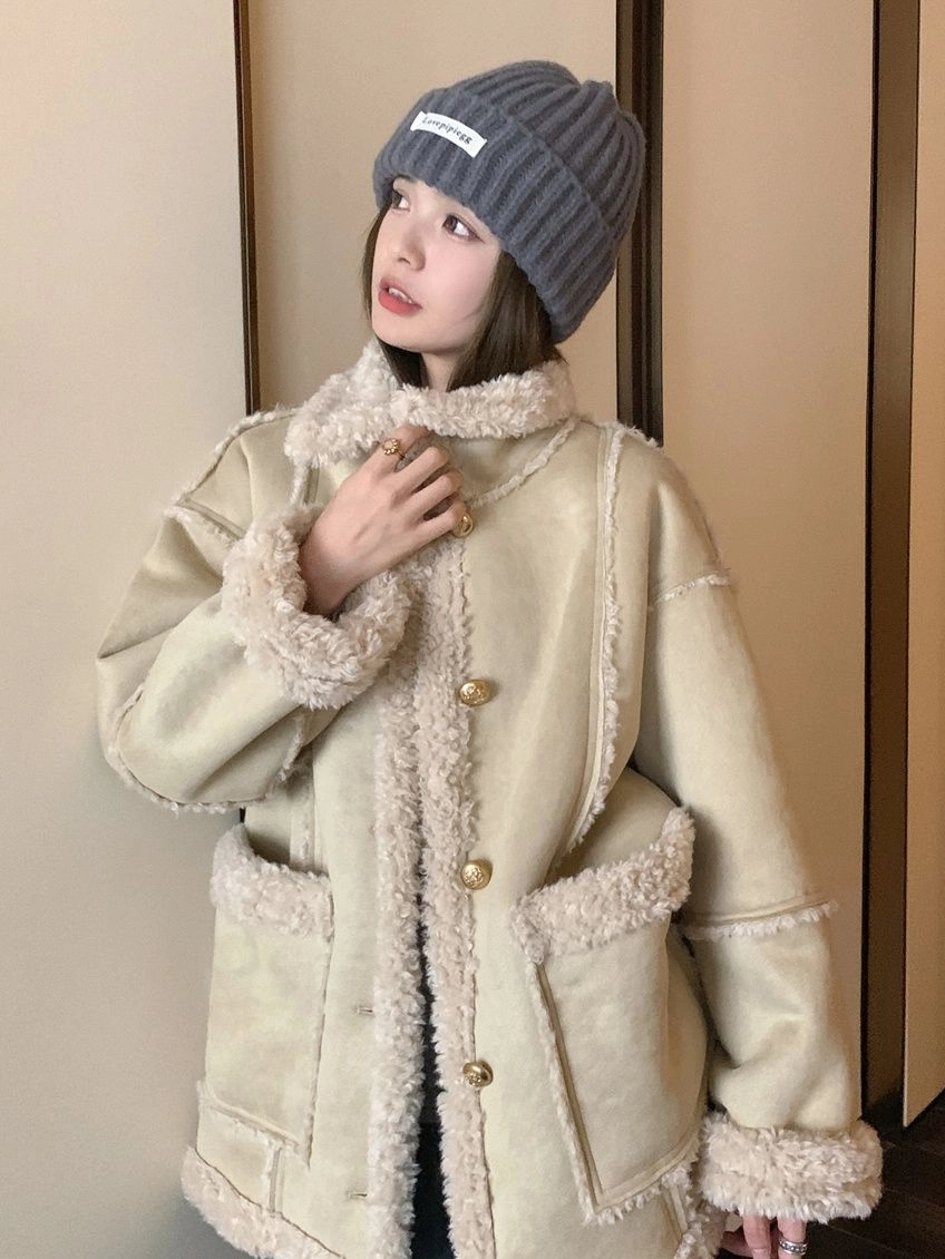 邓大喵 美拉德韩系宽松休闲羊羔毛外套女秋冬季加厚皮毛一体大衣皮草 女款