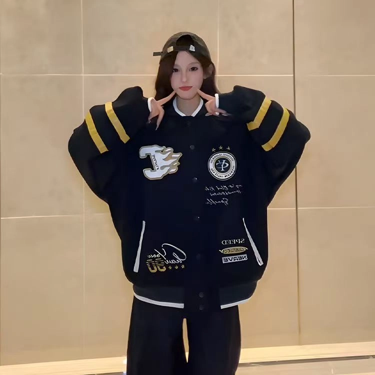 邓大喵 美式复古外套男女款高街潮牌学院风甜妹撞色拼接慵懒风夹克棒球服 男女同款