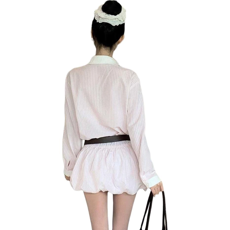 邓大喵 韩系时尚穿搭甜美撞色条纹衬衫长袖连衣裙 女款
