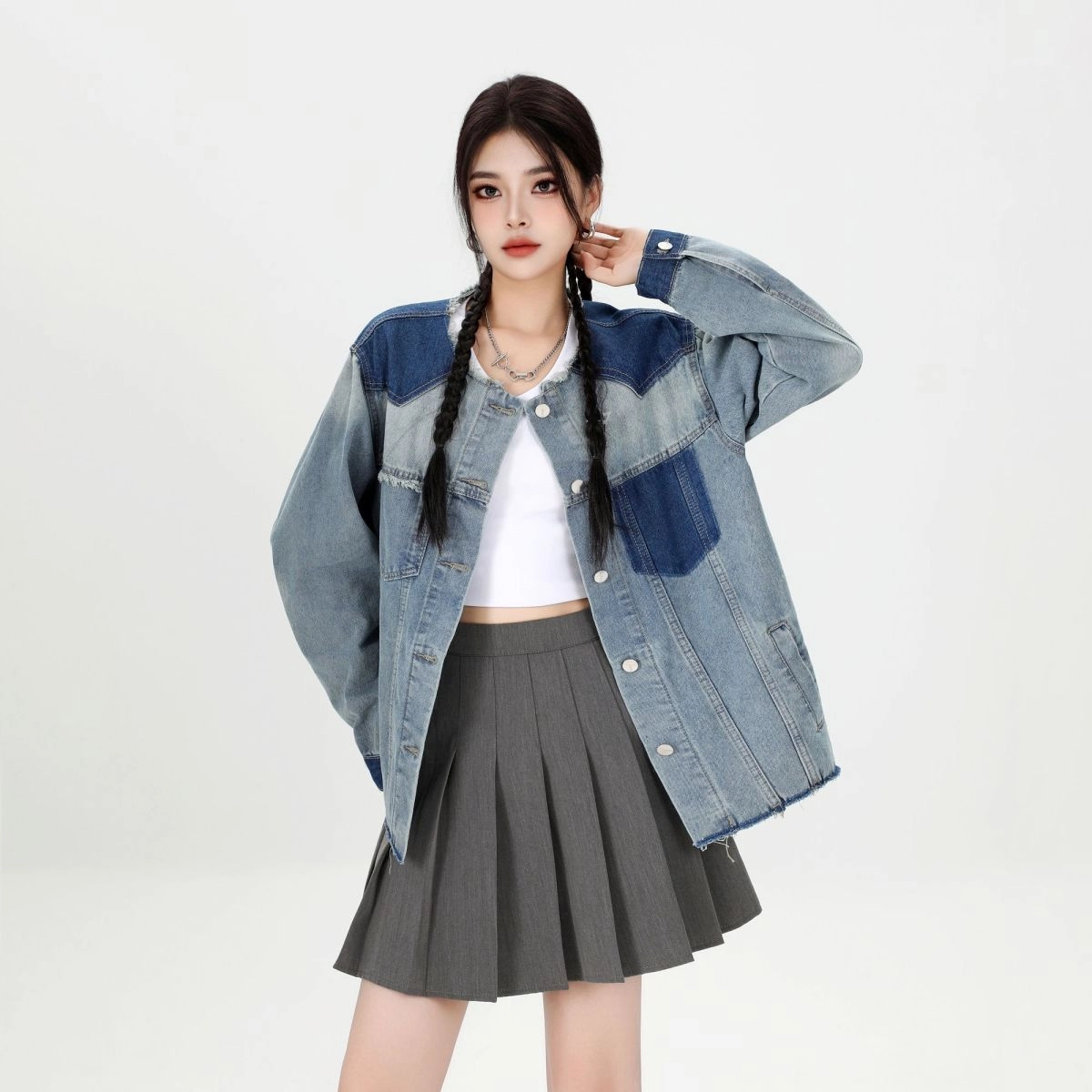 邓大喵 韩系街头个性拼色女秋季设计感小众宽松显瘦夹克上衣牛仔外套 女款