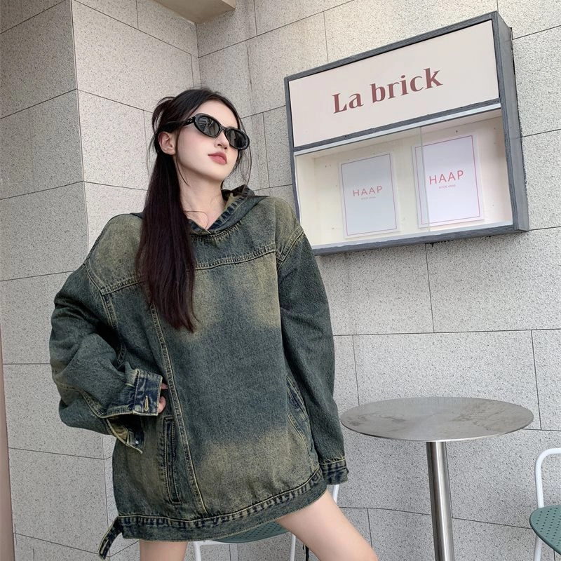 邓大喵 美式做旧连帽女春季设计感复古宽松套头夹克牛仔外套 女款
