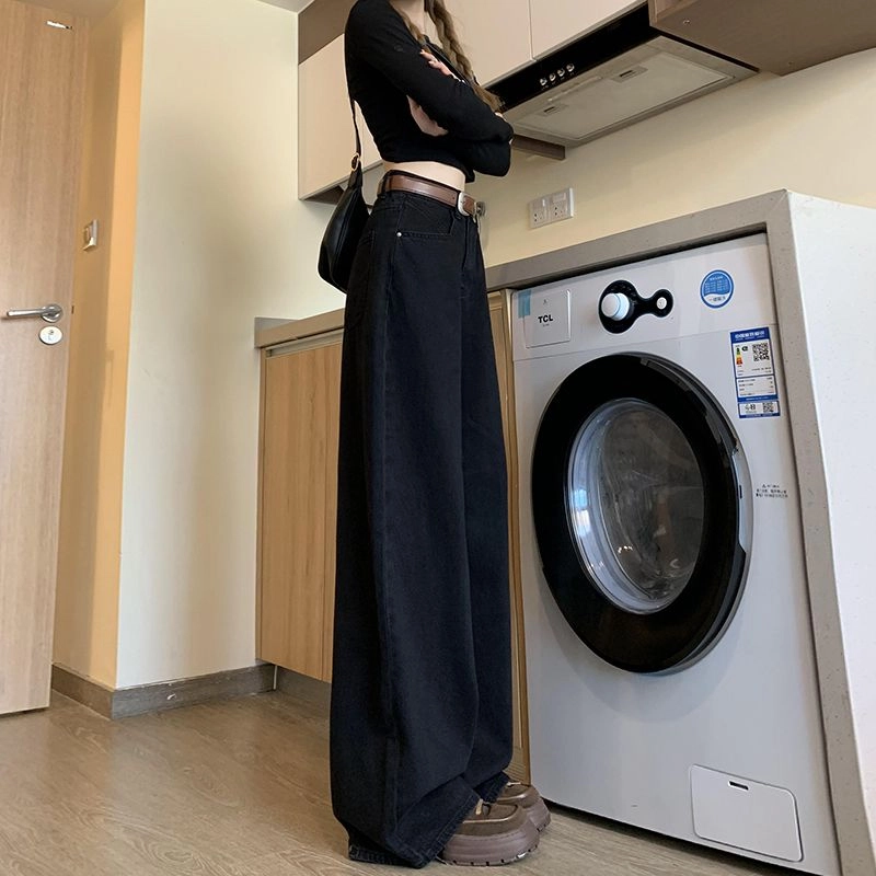 邓大喵 美式高 个子加长阔腿女秋高腰百搭显瘦垂感拖地裤牛仔裤 女款