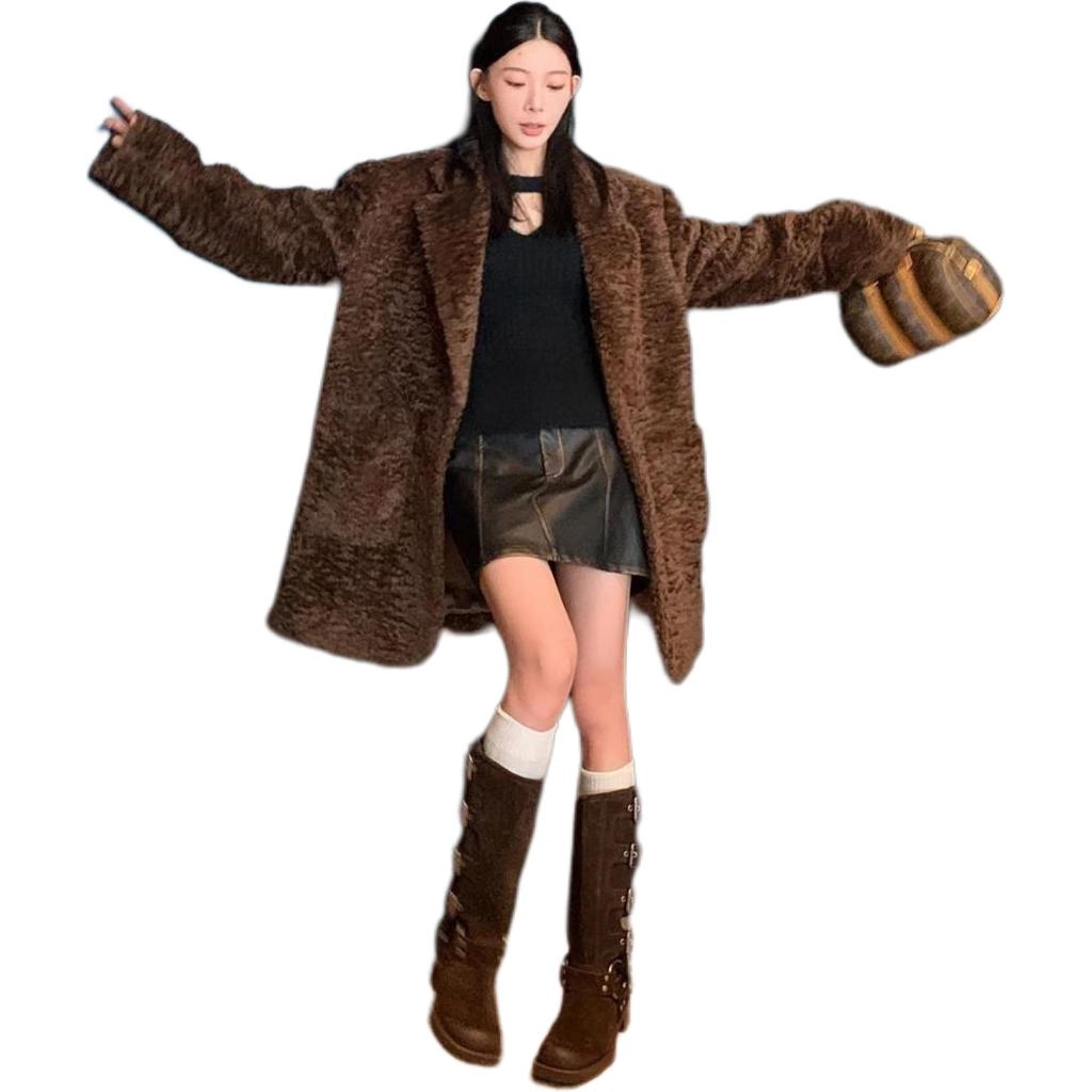 邓大喵 环保高级感毛呢简约舒适时尚长袖皮草 女款