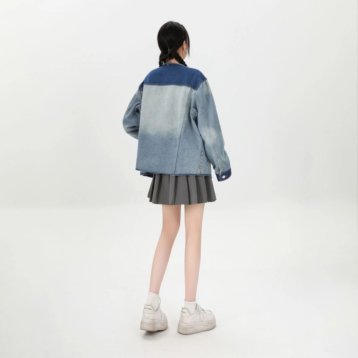 邓大喵 韩系街头个性拼色女秋季设计感小众宽松显瘦夹克上衣牛仔外套 女款