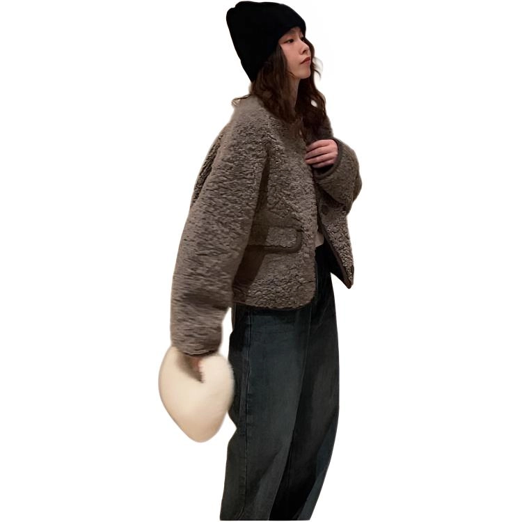 邓大喵 韩版小个子皮毛一体羊羔毛女秋冬加厚宽松棉服外套 女款