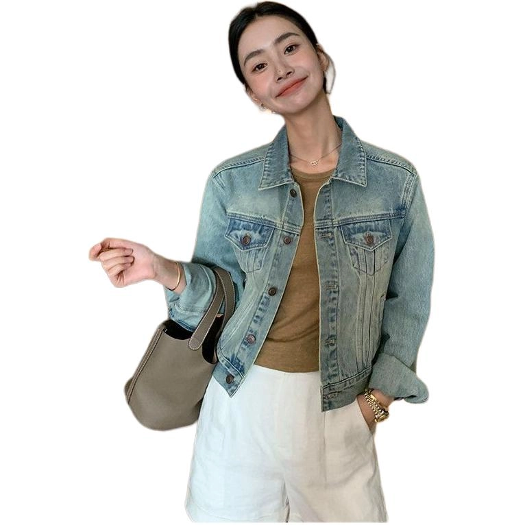 邓大喵 骨感洗水粗斜纹短款女秋季小众翻领显瘦潮流上衣牛仔外套 女款