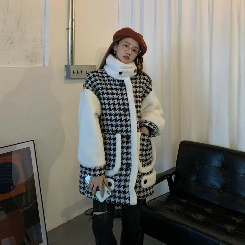 邓大喵 千鸟格大衣女短款毛呢秋冬韩版加厚小个子百搭羊羔毛外套皮草 女款