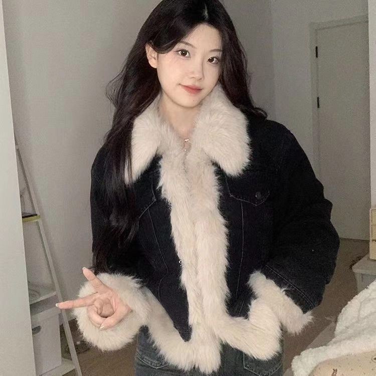 邓大喵 秋冬夹棉加厚牛仔短款毛毛女高级感炸街棉服毛绒上衣潮绒感外套 女款