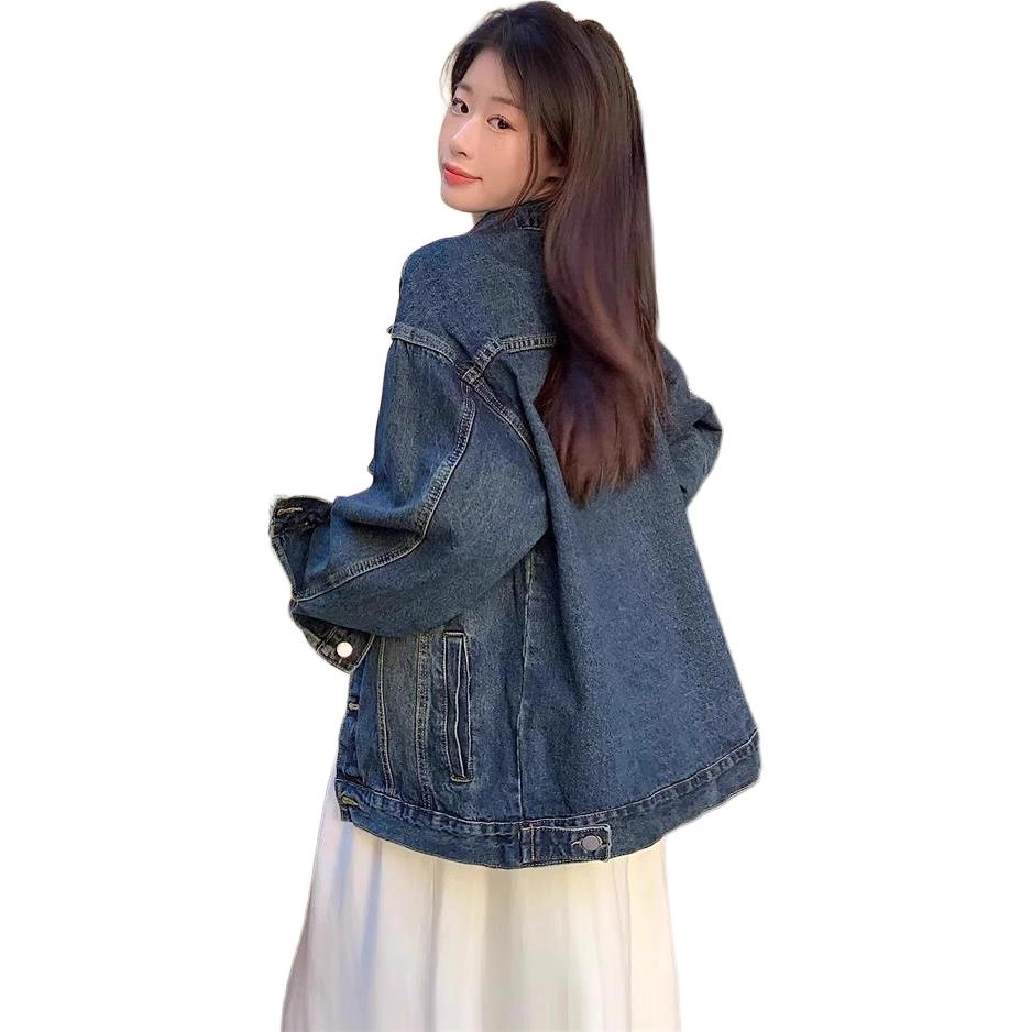 邓大喵 美式水泥灰复古女春秋宽松大码做旧夹克气质长袖上衣牛仔外套 女款